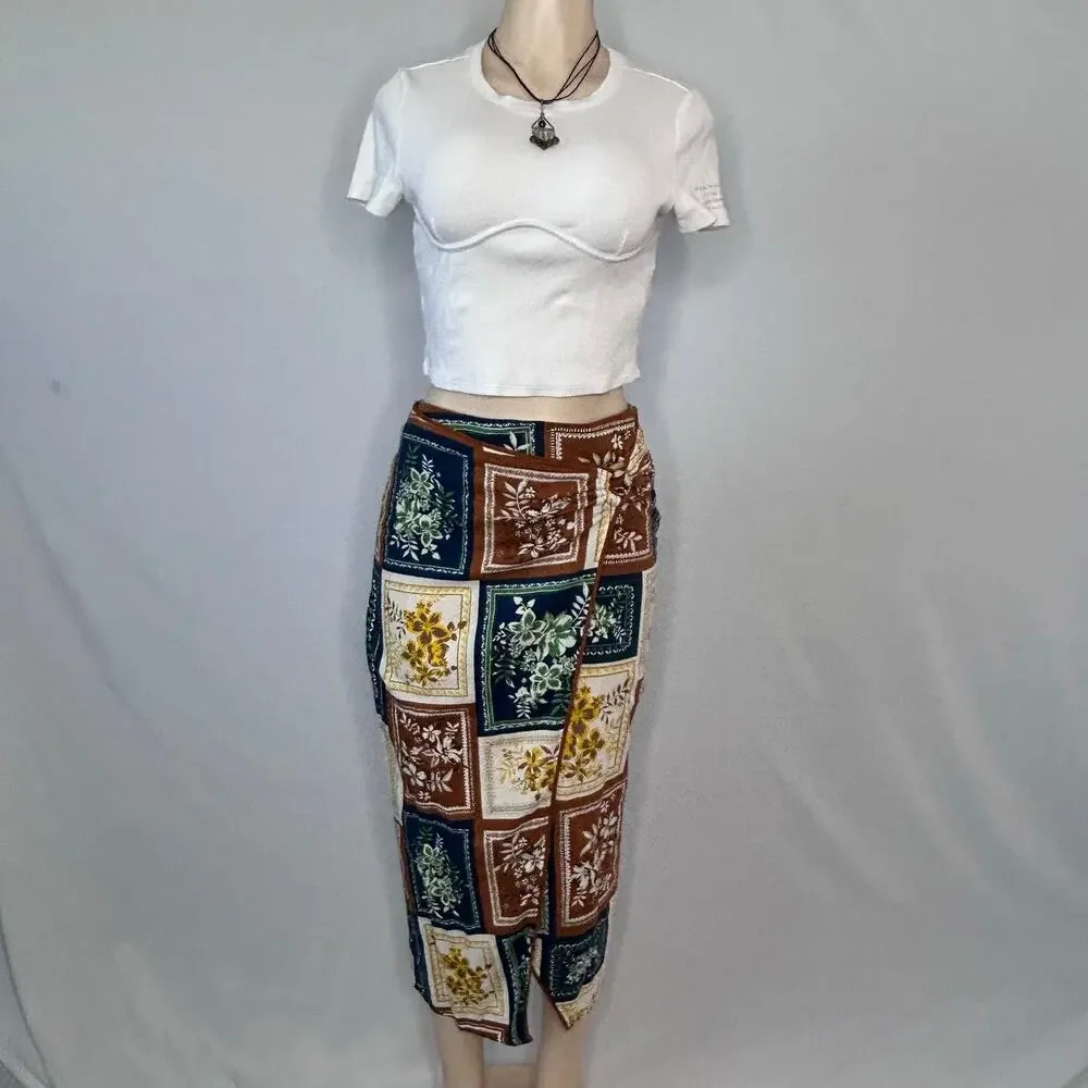 Y2K Linen Blend Scarf Print Sarong Wrap Midi Skirt Boho Coastal Small